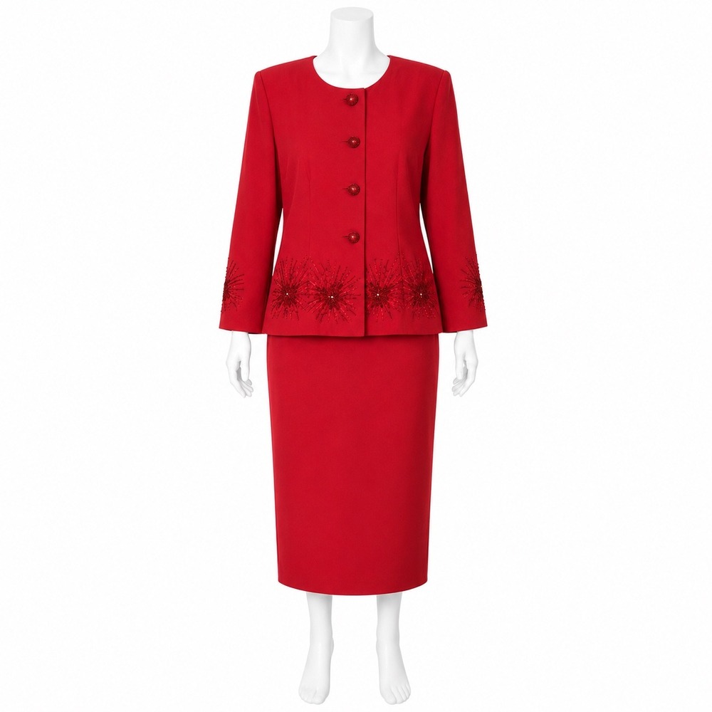 NWT R&M Richards Red Skirt Suit 8 Petite Embellished Evening Church Holiday Set